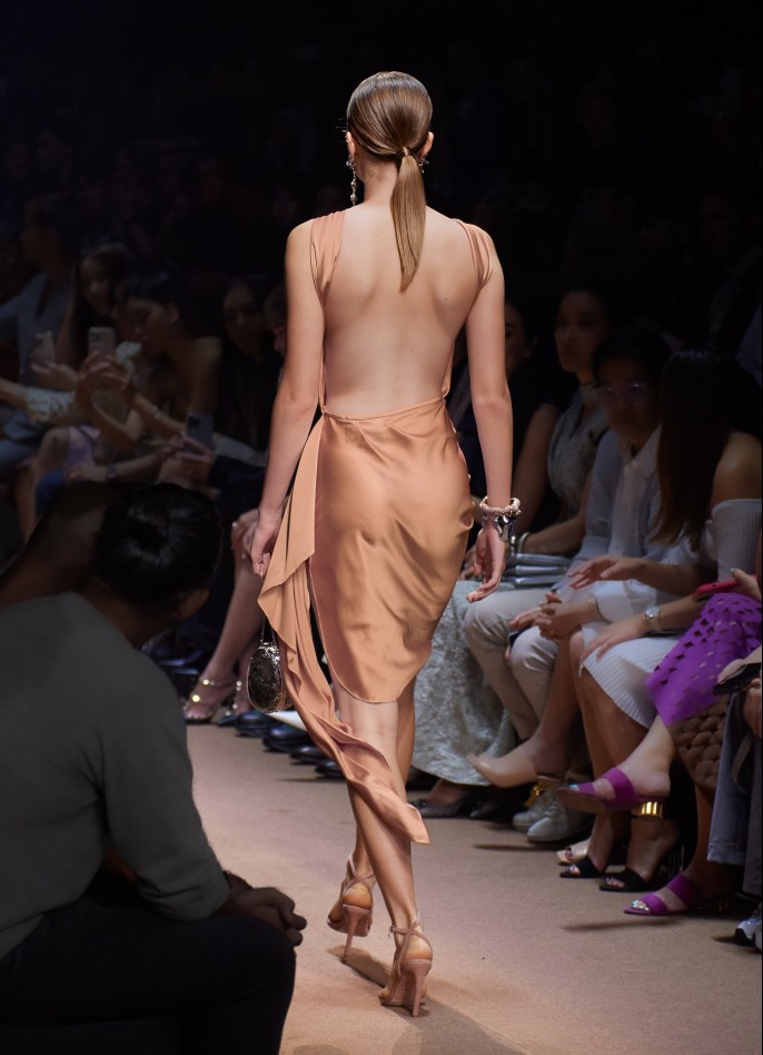 PRE-ORDER : DRAPED SILK SATIN BACKLESS DRESS - CARAMEL